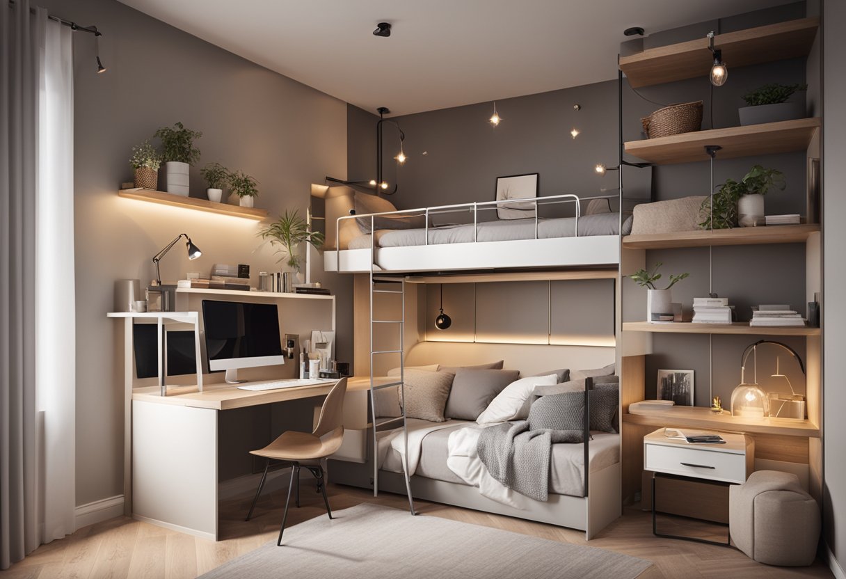 A cozy small bedroom with a space-saving loft bed, a stylish wall-mounted desk, and clever storage solutions. Soft, neutral colors and warm lighting create a welcoming atmosphere