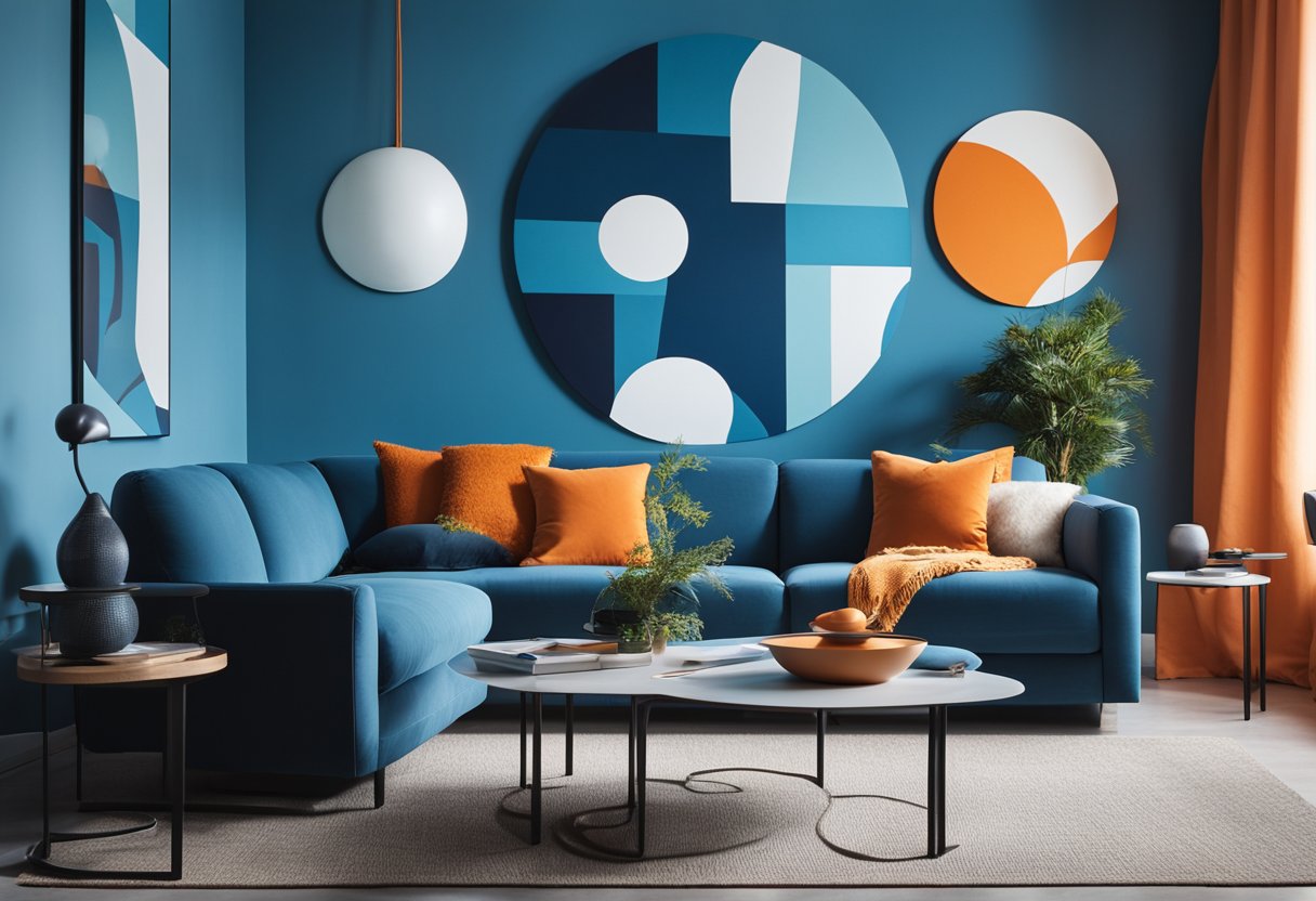 A bright blue room with orange accents, modern furniture, and abstract art on the walls
