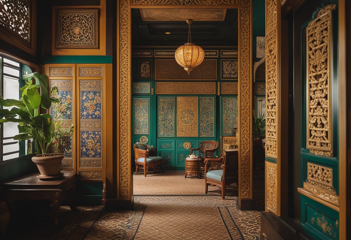 A Peranakan interior in Singapore features vibrant colors, intricate patterns, and ornate furniture. Traditional ceramic tiles adorn the walls and floors, while wooden carvings and decorative screens add to the rich and eclectic ambiance