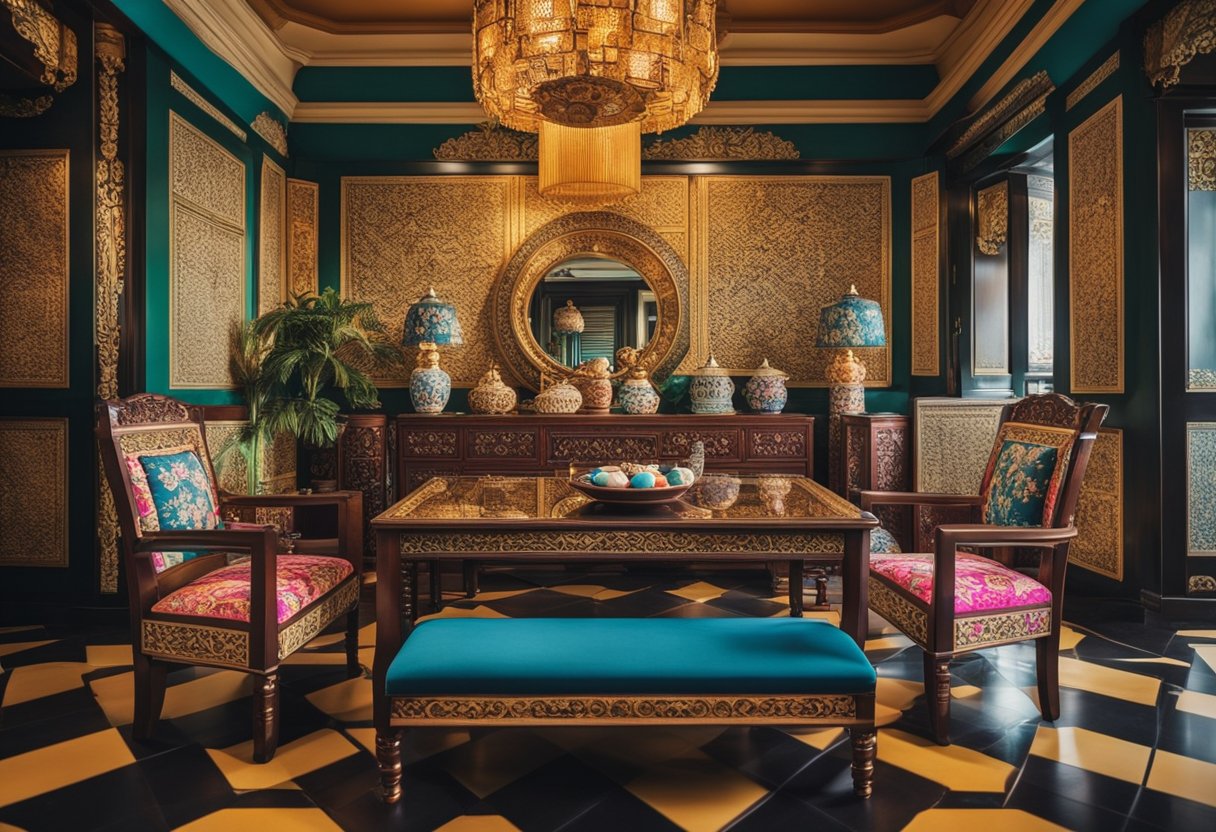 A Peranakan interior design featuring vibrant colors, intricate patterns, ornate furniture, and traditional decorative items