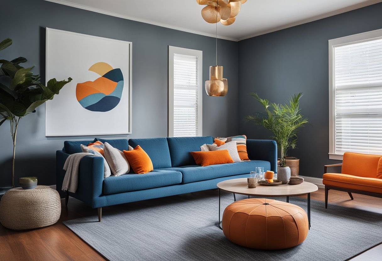 A living room with blue walls, orange accent pillows on a modern grey sofa, and a vibrant orange rug on hardwood floors