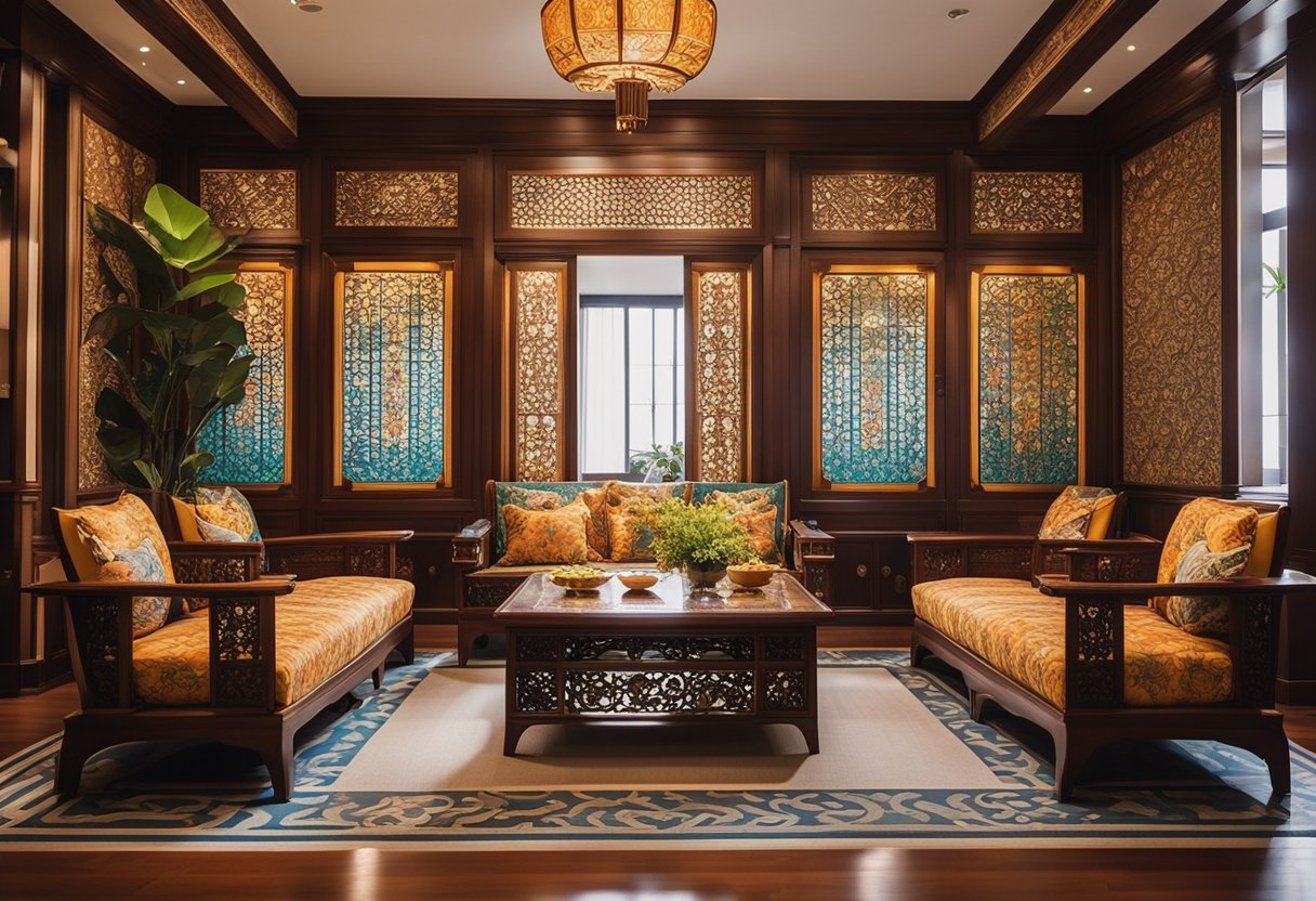 A Peranakan-inspired living room with ornate wooden furniture, intricate tiling, and vibrant color palette. Traditional motifs adorn the walls and textiles, creating a rich and inviting atmosphere