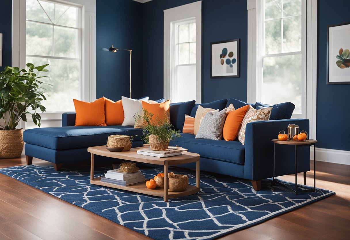 A living room with blue walls, orange throw pillows on a navy couch, and a large orange rug on hardwood floors