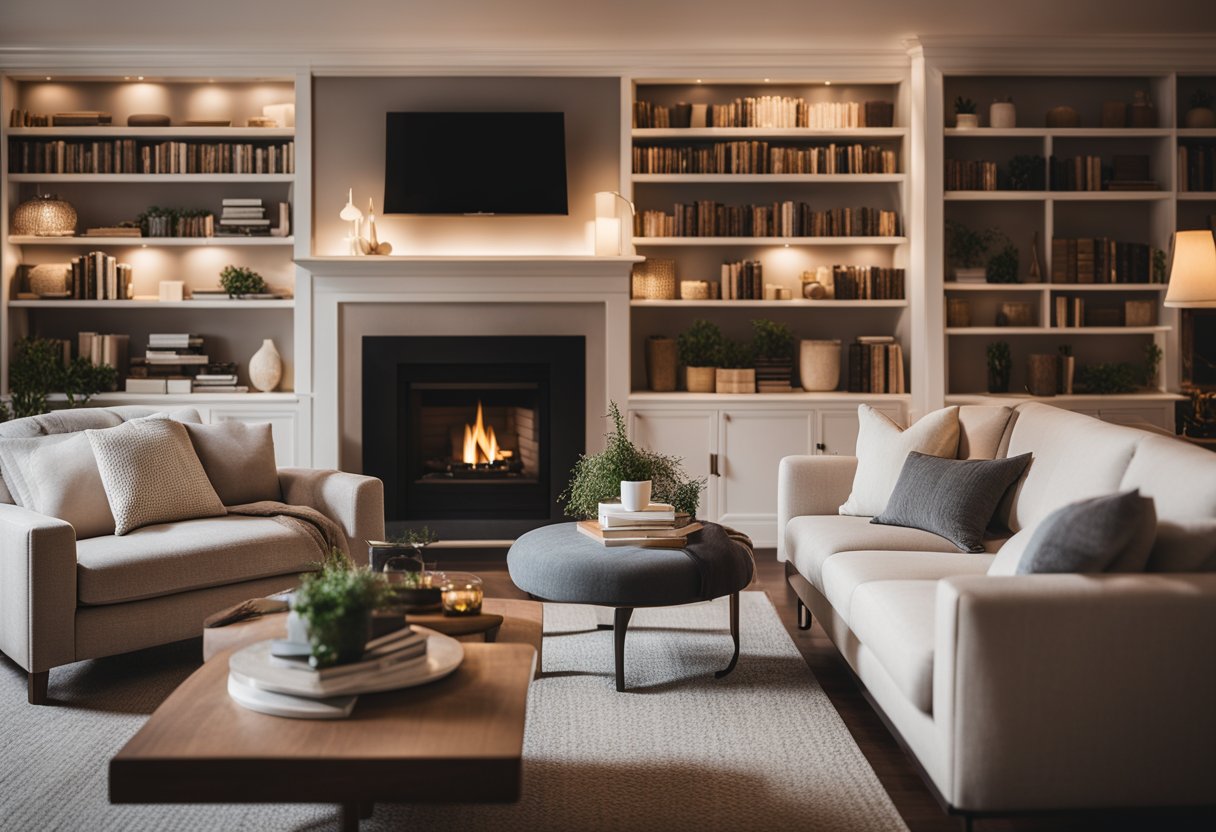 A cozy living room with a large, plush sofa, a warm fireplace, and a bookshelf filled with books. Soft, ambient lighting creates a relaxed atmosphere, while the room is accented with tasteful decor and artwork