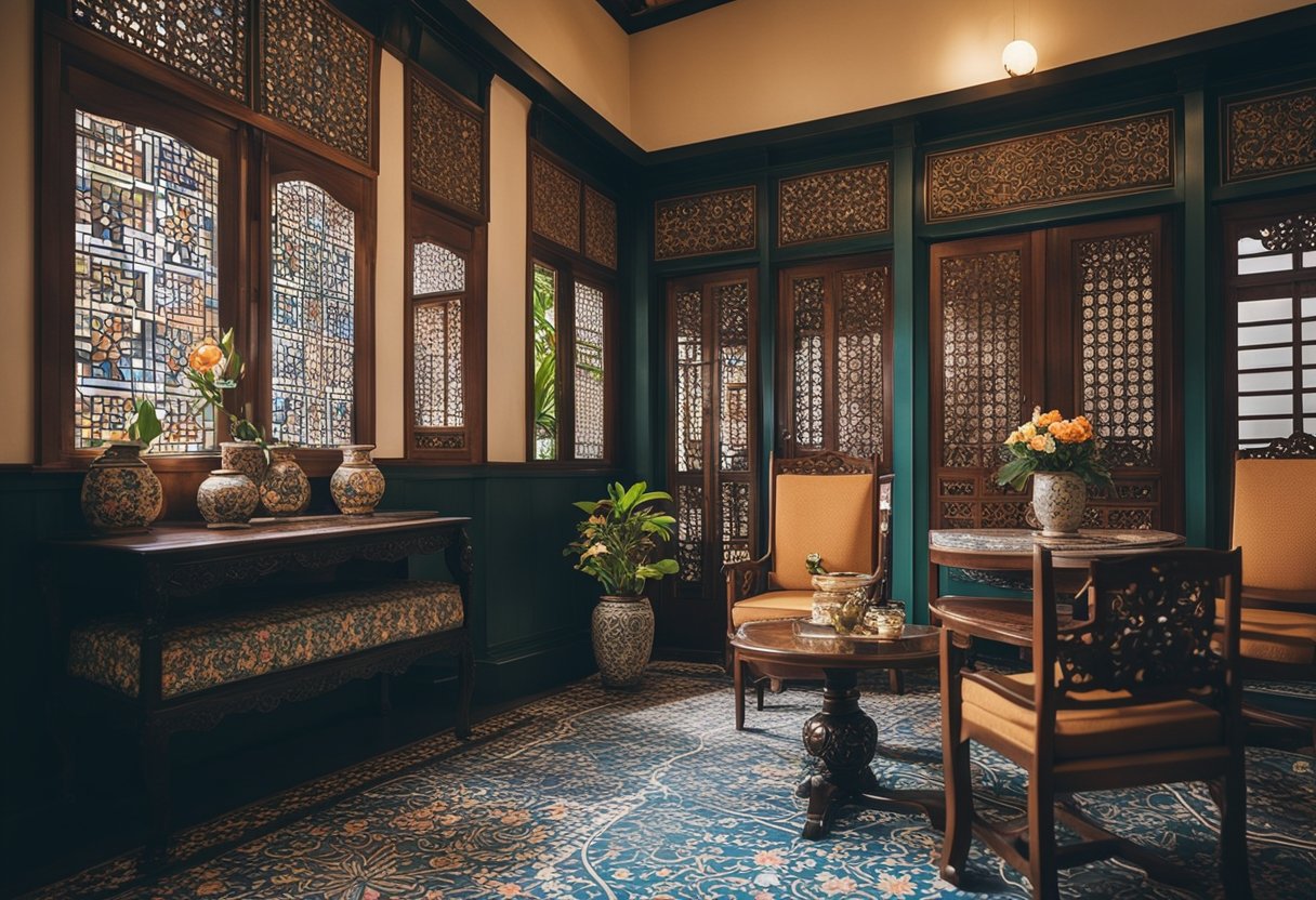 A cozy Peranakan interior in Singapore, featuring intricate wooden furniture, vibrant floral patterns, and ornate ceramic tiles