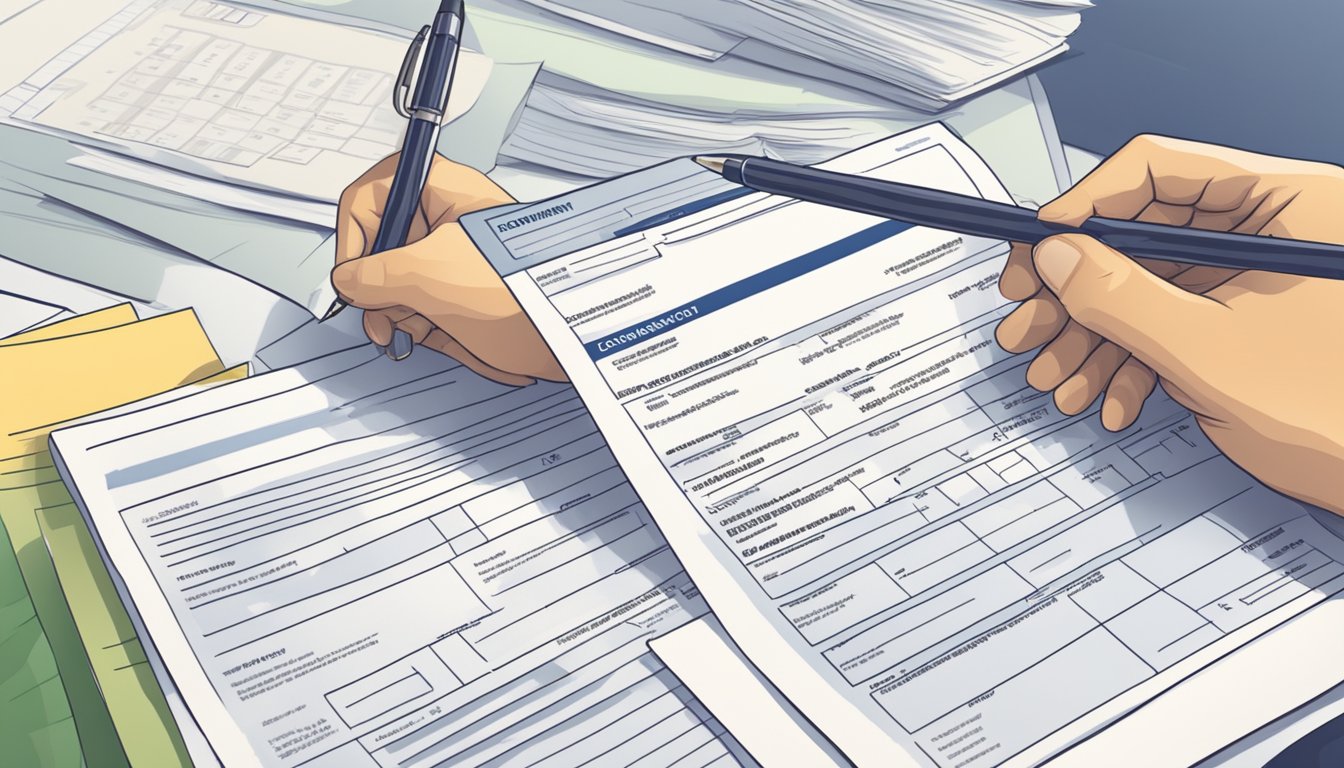 A person filling out a government loan application form with required documents and personal information