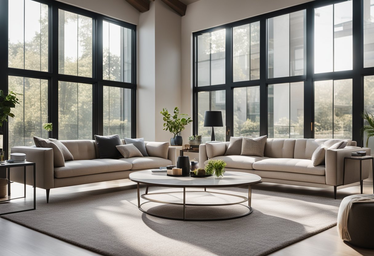 A modern living room with sleek furniture, a neutral color palette, and plenty of natural light streaming in from large windows