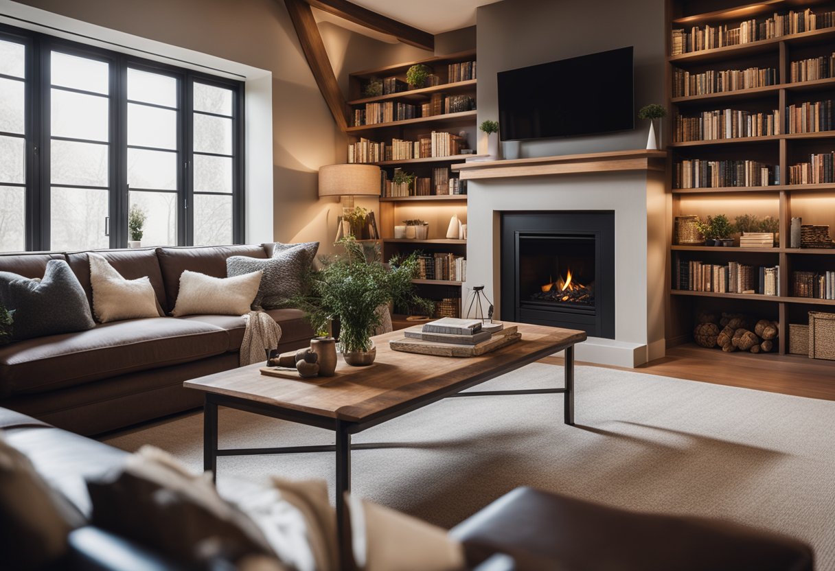 A cozy living room with a plush sofa, warm lighting, and a bookshelf filled with books. A fireplace adds a touch of elegance, while large windows let in natural light