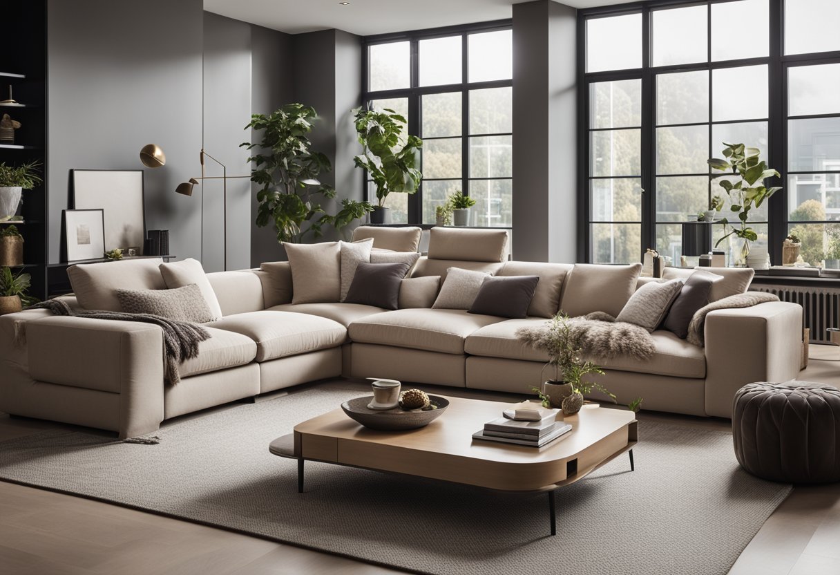 A cozy square living room with a large, plush sofa centered around a modern coffee table. The room features neutral tones and natural lighting, with a sleek entertainment center against one wall