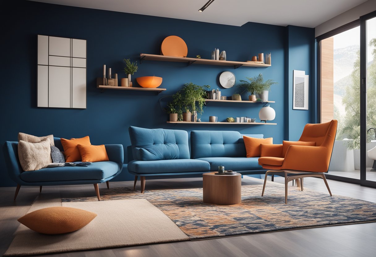 A modern living room with blue and orange color scheme, featuring sleek furniture, geometric patterns, and ample natural light