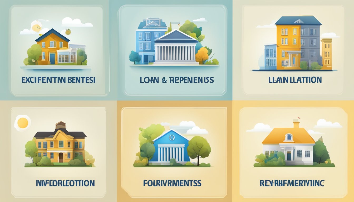 Government logo over various loan types (education, housing, small business) with benefits listed (low interest, flexible repayment)