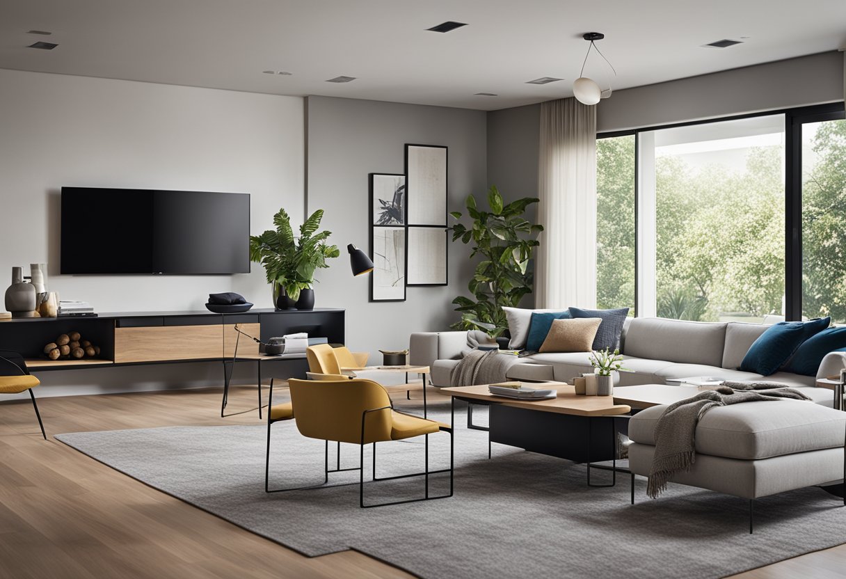 A modern living room with sleek furniture, natural light, and pops of color. Open floor plan with a minimalist aesthetic and integrated technology