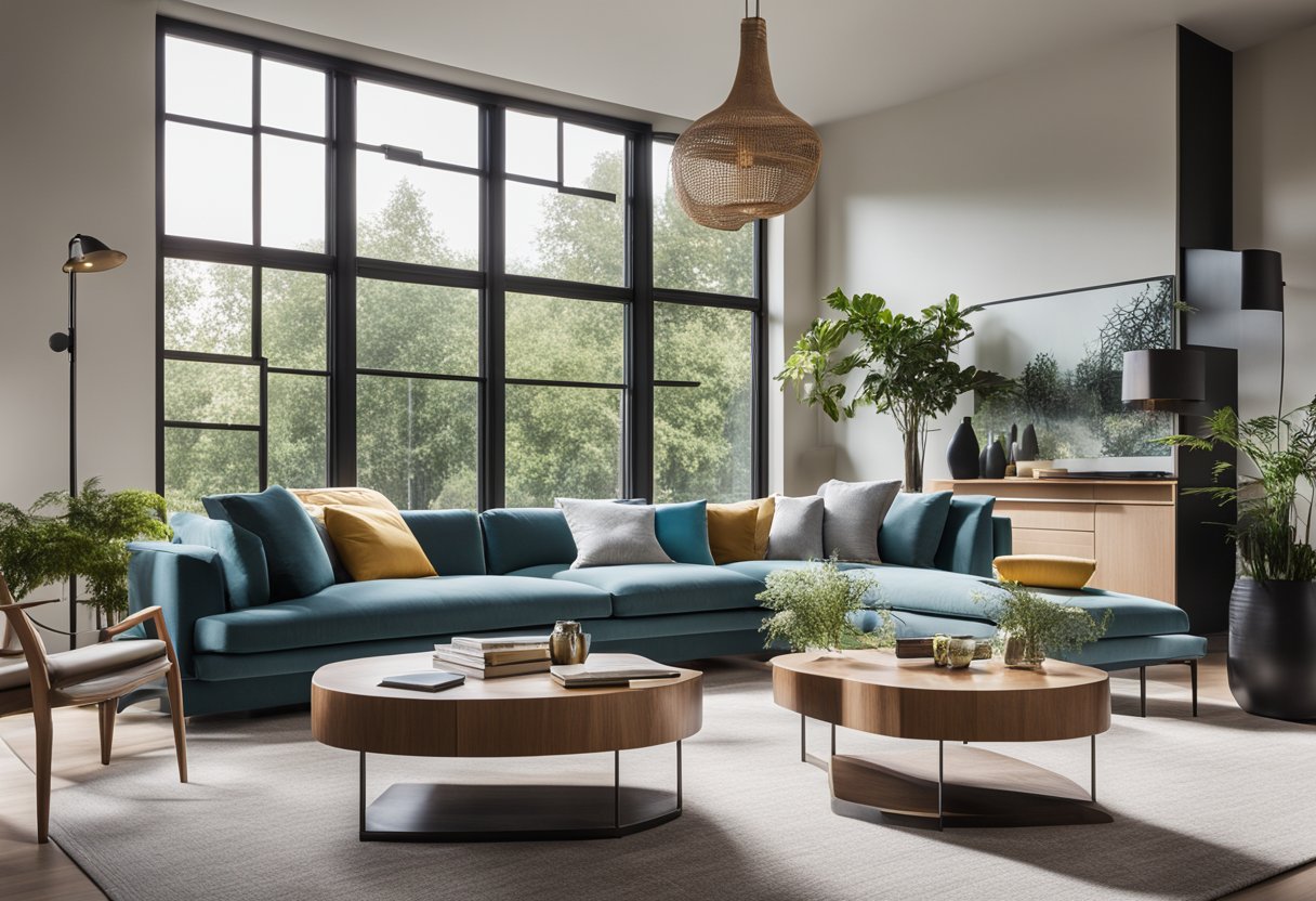 A modern living room with sleek furniture, clean lines, and pops of color. Large windows let in natural light, highlighting the design elements