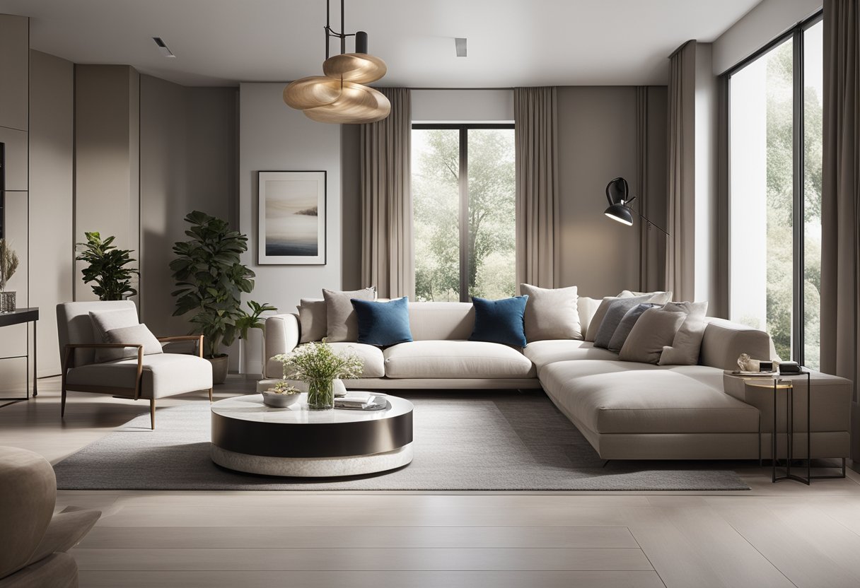 A modern living room with a sleek, minimalist design. Neutral colors, clean lines, and a mix of textures create a sophisticated and inviting space