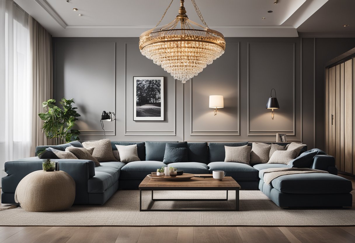 A cozy living room with a large, plush sectional sofa, a rustic wooden coffee table, and an elegant chandelier hanging from the ceiling