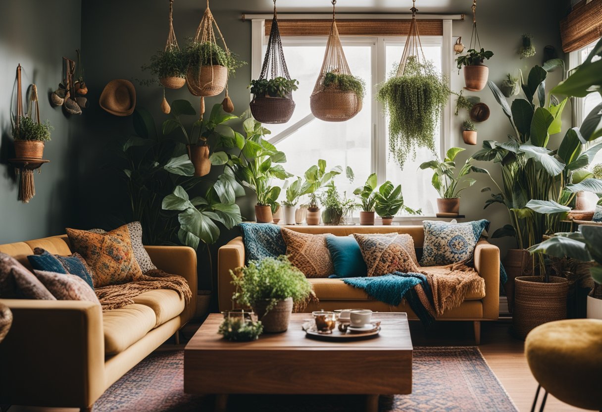 A cozy living room with eclectic furniture, colorful textiles, and vintage decor. Plants, macrame, and art prints add to the bohemian vibe