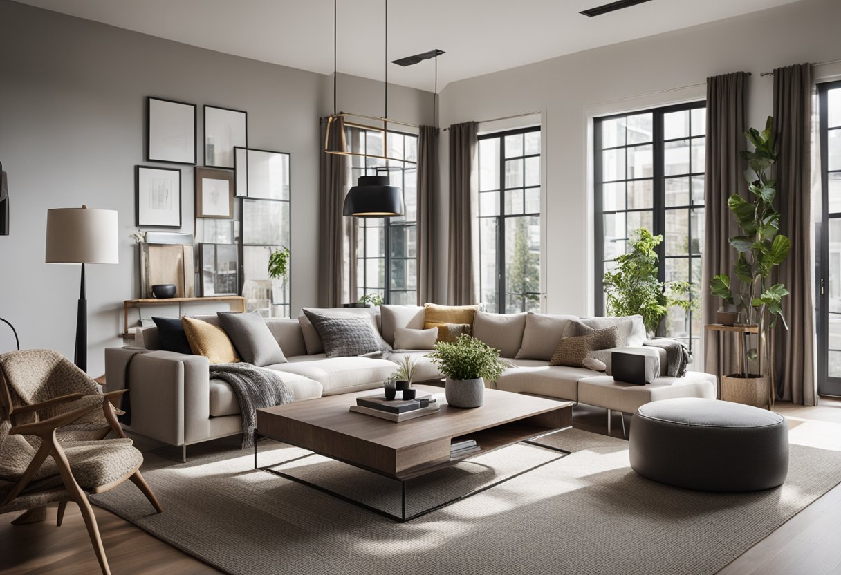 A square living room with modern furniture, a cozy rug, and large windows letting in natural light. A sleek coffee table sits in the center, surrounded by comfortable seating