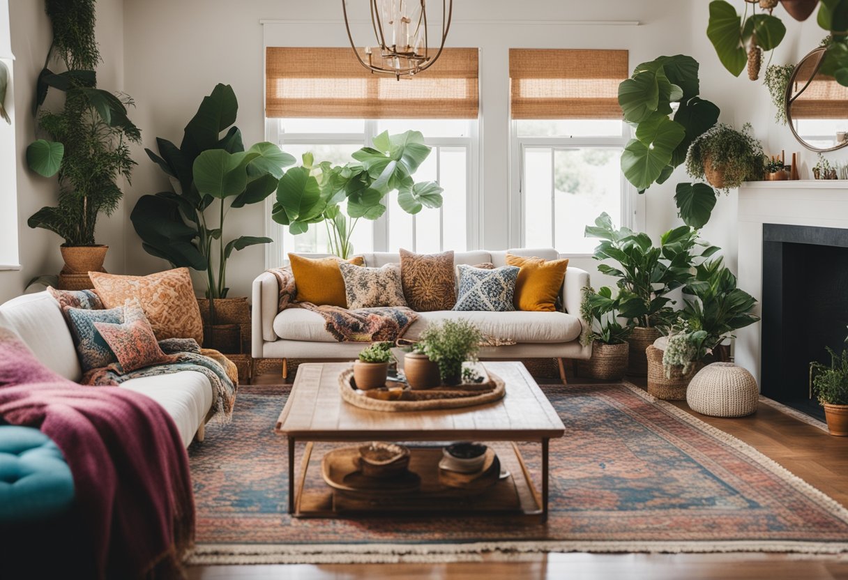 A cozy living room with eclectic furniture, colorful textiles, and natural elements. Plants, vintage rugs, and mismatched patterns create a relaxed, bohemian atmosphere