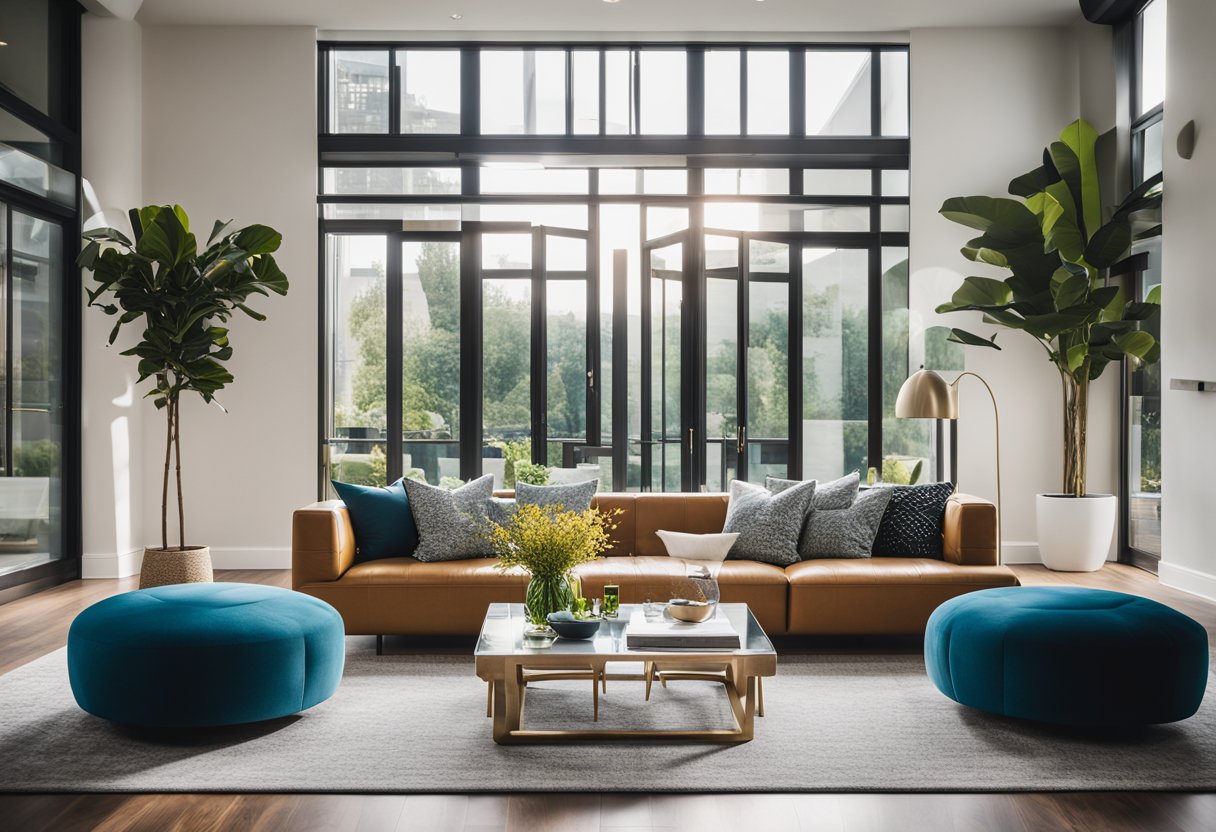 A modern living room with sleek furniture, vibrant colors, and natural light pouring in through large windows. The room is adorned with unique artwork and decorative accents, creating a stylish and inviting space
