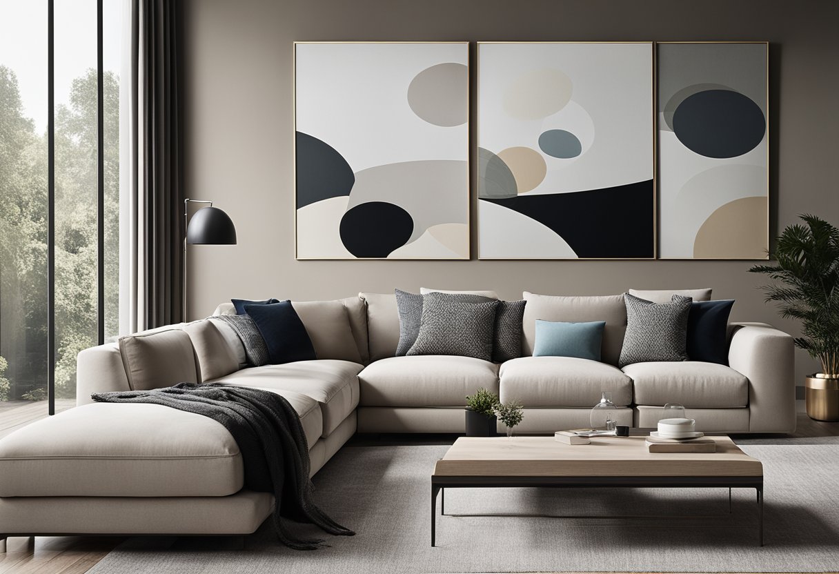 A modern living room with neutral tones, clean lines, and minimalist furniture. A large abstract artwork hangs on the wall, adding a pop of color
