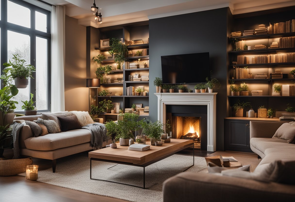 A cozy living room with a large, comfortable sofa, a decorative fireplace, and shelves filled with books and plants. Soft lighting and warm colors create a welcoming atmosphere