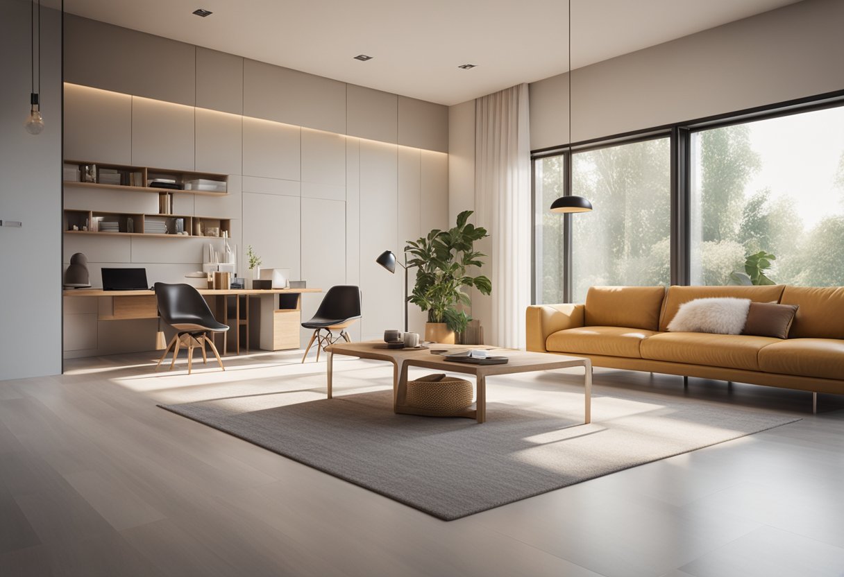 A sunlit room with minimalistic furniture, natural materials, and pops of vibrant color. Clean lines and open space create a sense of tranquility and modern elegance