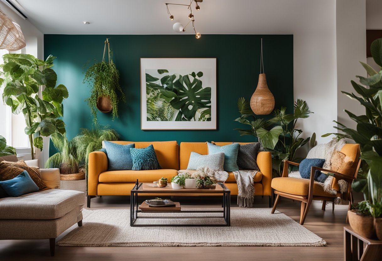 A cozy living room with eclectic furniture, vibrant colors, and layered textiles. Plants and art adorn the walls, creating a relaxed and artistic atmosphere
