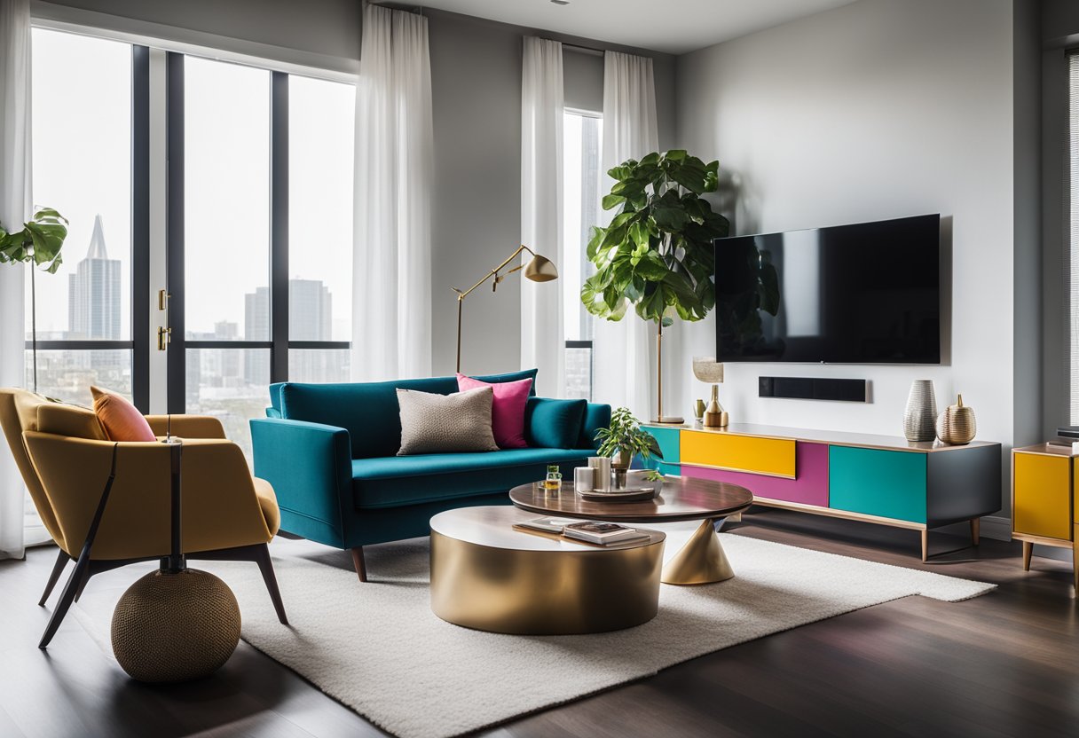 A sleek, modern living room with bold, geometric furniture and vibrant pops of color. Clean lines and luxurious textures create a sophisticated yet inviting space