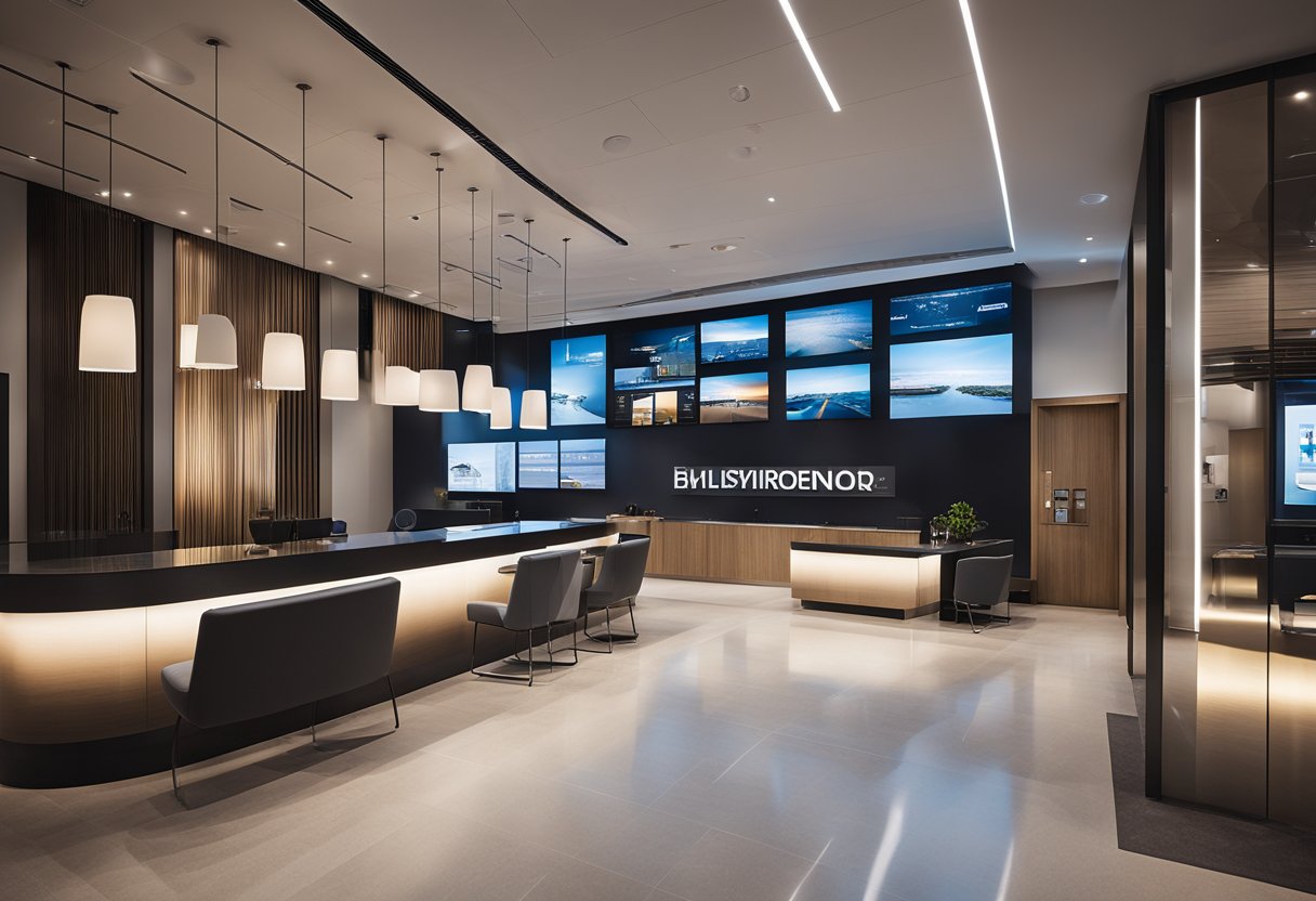 A modern, spacious interior with sleek furniture and interactive digital displays. Bright lighting and clean lines create a welcoming atmosphere for customer interaction