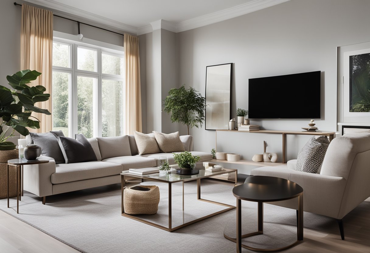A modern living room with a sleek, minimalist design. A display of Frequently Asked Questions about interior design is prominently featured on a stylish coffee table