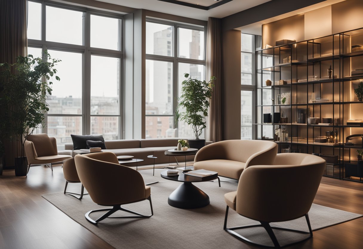 A modern, elegant interior with clean lines and warm tones. A cozy seating area with plush chairs and a sleek, minimalistic desk with organized shelves. Soft lighting and large windows offer a sense of openness and tranquility