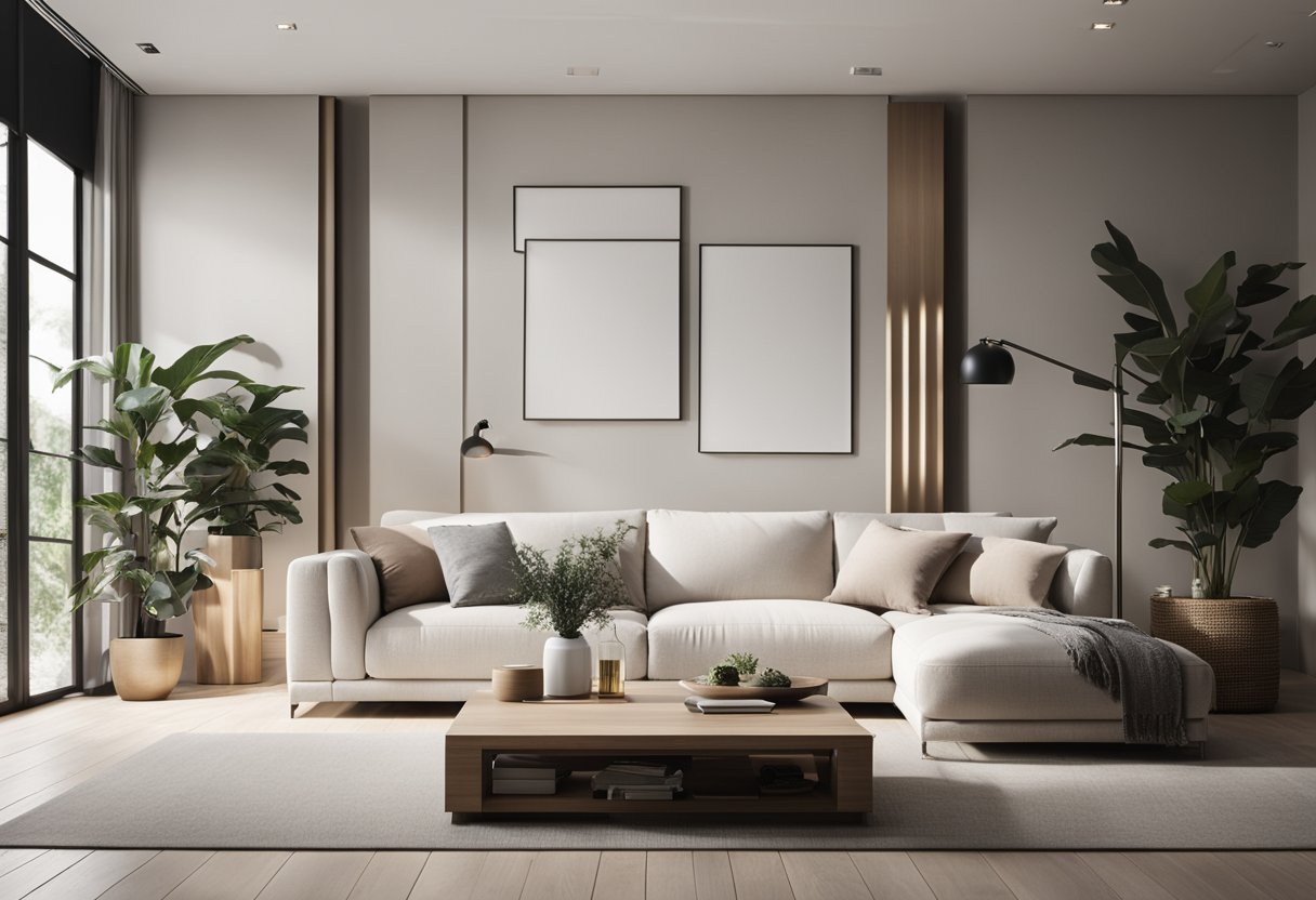 A minimalist living room with clean lines, neutral colors, and simple furniture