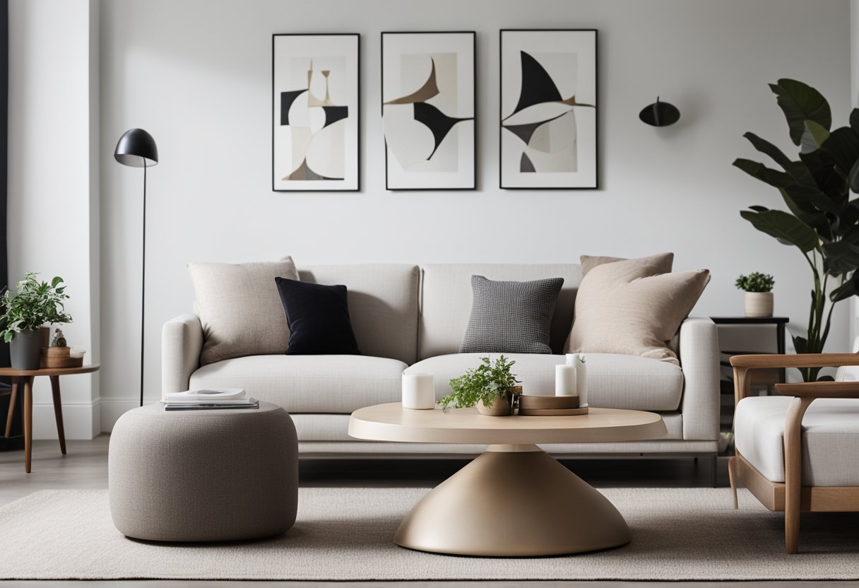 A minimalist living room with clean lines, neutral colors, and uncluttered space. A simple sofa, a low coffee table, and a few carefully chosen decor items