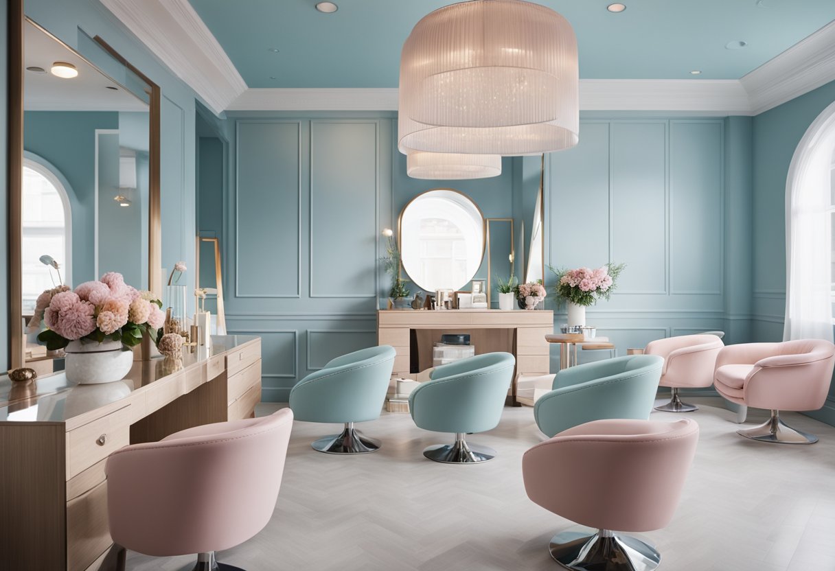 The salon interior features a modern color scheme of soft pastels and neutral tones with pops of vibrant accent colors. The walls are painted in a calming shade of light blue, while the furniture and decor incorporate a mix of pale pinks, grays,