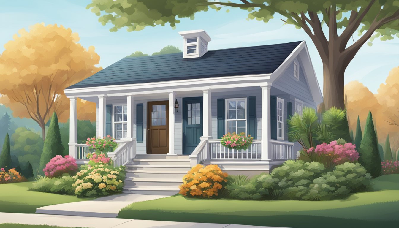 A cozy home with a welcoming front porch and a neatly manicured yard, alongside a bank or financial institution with a sign displaying "Home Loans" and "Personal Loans."
