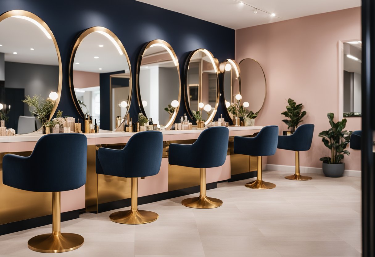 A cohesive salon color scheme: muted pastel walls, rich navy blue chairs, and accents of gold and blush. Large mirrors reflect the warm lighting, creating a welcoming and elegant atmosphere