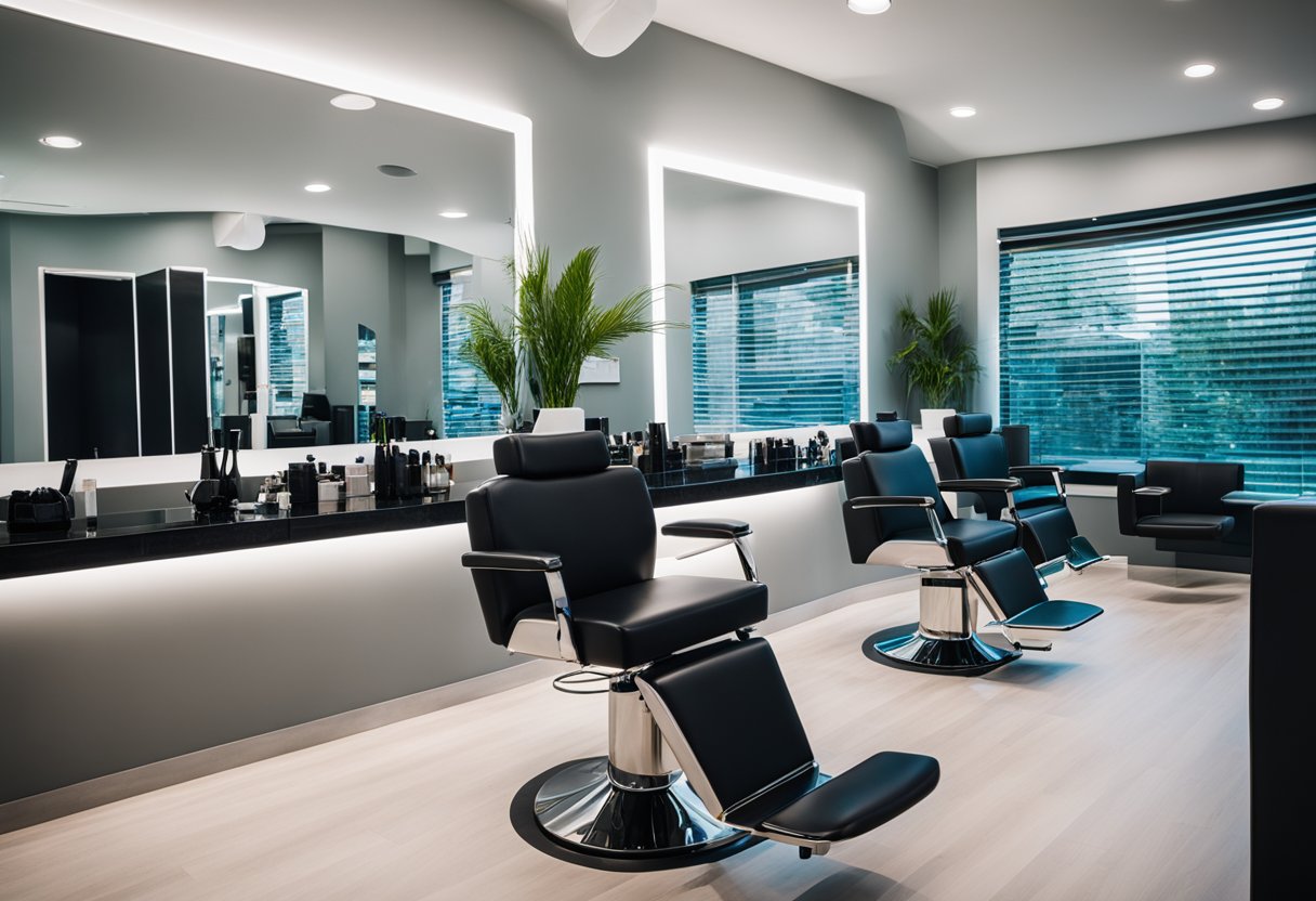 A modern salon with sleek furniture, vibrant color accents, and ample natural light. Clean lines and open space create a welcoming, functional atmosphere