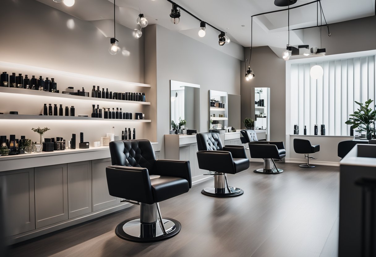 A modern salon with a sleek, monochromatic color scheme. Neutral tones with pops of vibrant color in the decor. Clean lines and minimalist furniture create a sophisticated atmosphere