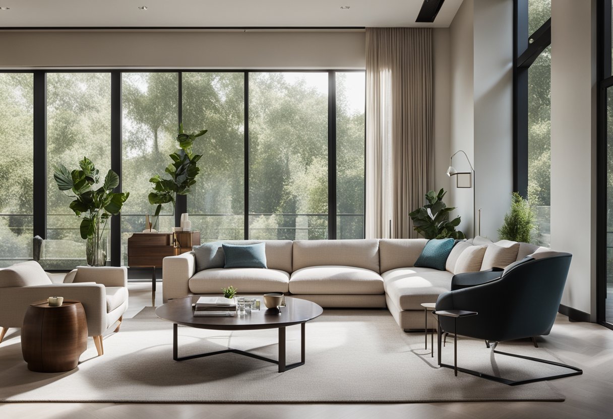 A modern living room with clean lines, neutral colors, and pops of vibrant accents. Large windows flood the space with natural light, showcasing sleek furniture and minimalist decor