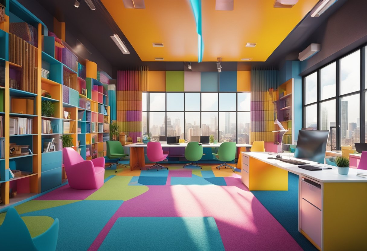 A colorful office with oversized pencils, cartoon character decor, and vibrant furniture. Bright light streams through large windows, illuminating the playful space
