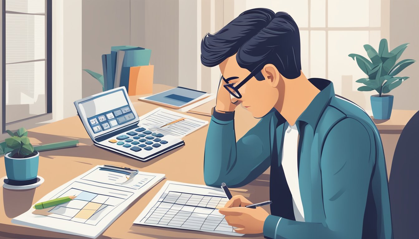 A person sits at a desk, pondering over a comparison chart of home loan vs personal loan, with a calculator and paperwork spread out in front of them