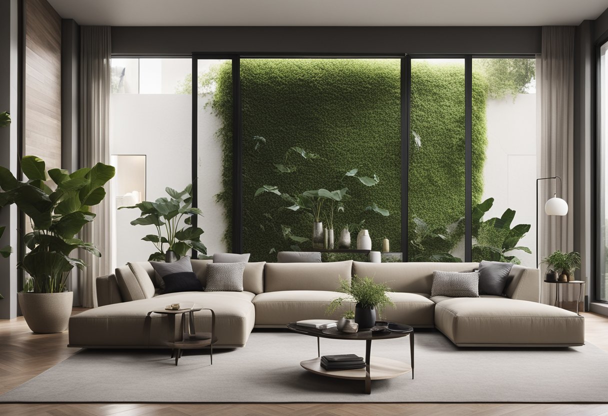 A modern living room with a sleek sofa, coffee table, and abstract art on the walls. Large windows let in natural light, and plants add a touch of greenery