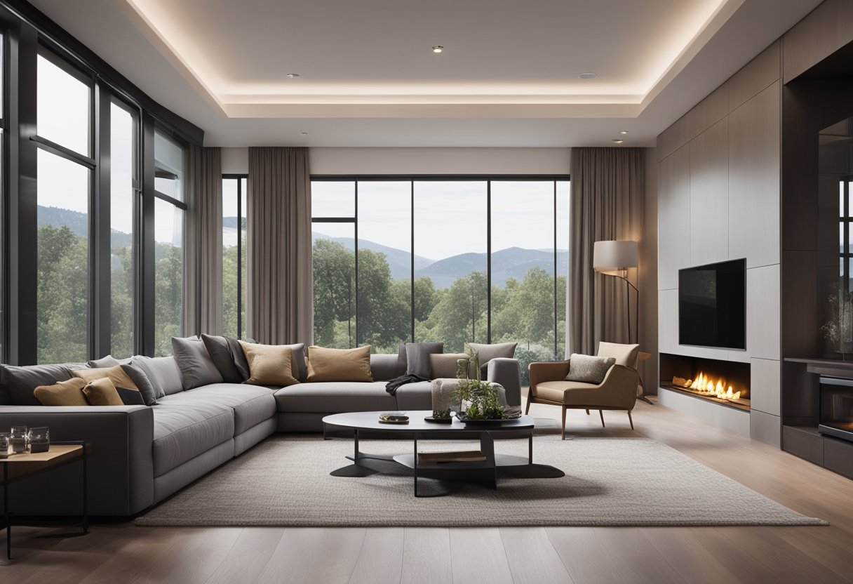 A spacious, modern living room with sleek furniture and large windows overlooking a scenic view. A cozy fireplace adds warmth and ambiance to the room