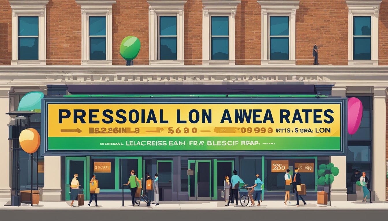 A large, bold sign displaying "Cheapest Personal Loan Rates" with a bright, eye-catching color scheme. The sign is prominently placed in a bustling financial district