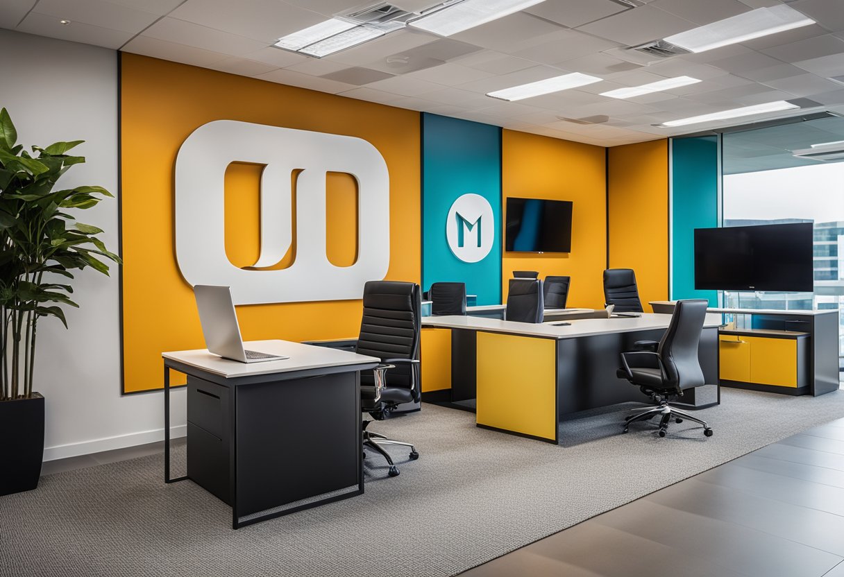 A modern office space with sleek furniture and vibrant accent colors, showcasing the Morse Design logo prominently on the wall