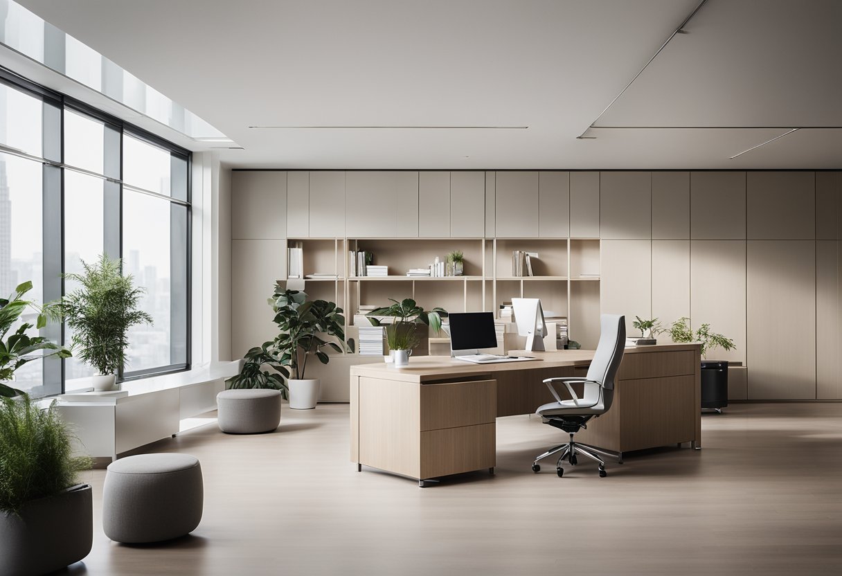 A modern, minimalist office space with sleek furniture and neutral color palette. Clean lines and natural light create a sense of calm and sophistication