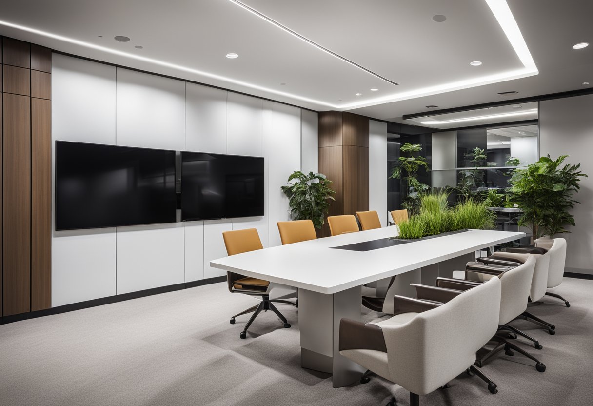 A modern, well-lit office space with sleek furniture, a presentation area, and digital screens displaying interior design concepts