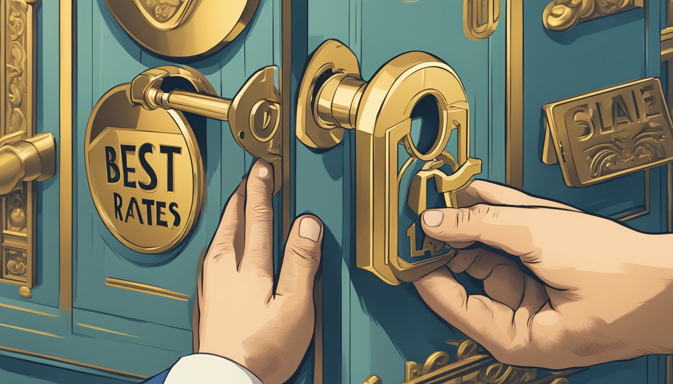 A hand reaches for a golden key, unlocking a vault with a sign reading "Best Personal Loan Rates" in bold letters