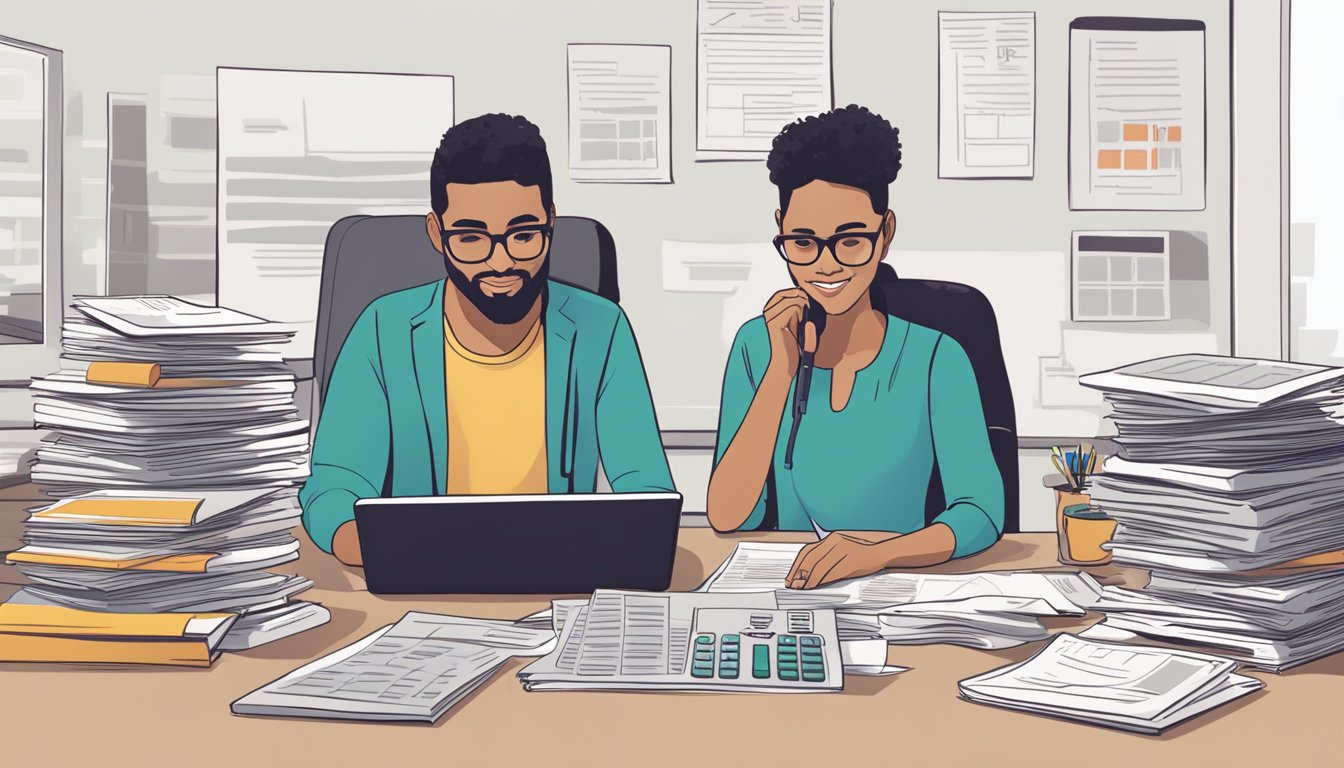 A person sitting at a desk, surrounded by paperwork and a calculator. They are comparing different loan rates and managing their repayment plan