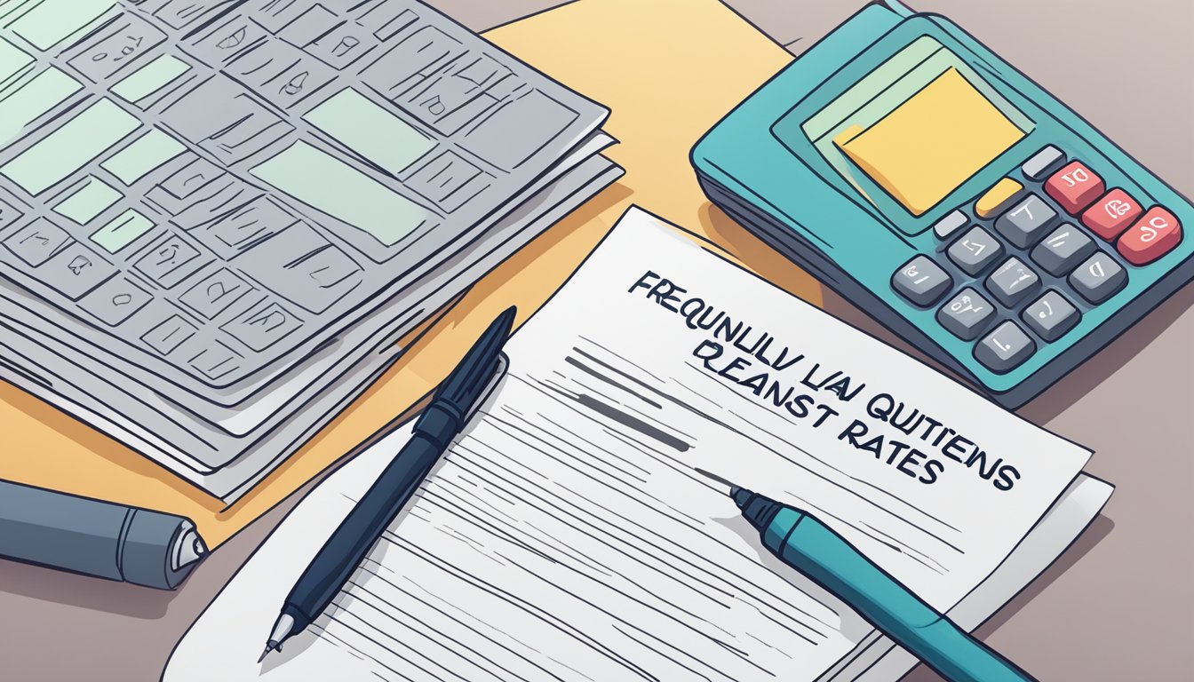 A stack of papers labeled "Frequently Asked Questions cheapest personal loan rates" with a pen and calculator beside it